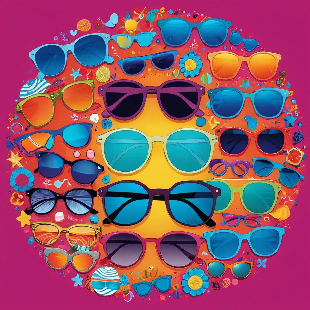 A whimsical illustration showcasing a vibrant transition from classic spectacles to stylish sunglasses, set against a variety of colorful backgrounds representing different occasions like a beach, office, and outdoor café. Feature eyes adorned with a spectrum of fashionable eye accessories, with playful animated elements that highlight the versatility of eye gear. The overall feel should be cheerful and engaging, enticing viewers to explore the world of eye accessories. vector art. vibrant colors. playful elements.