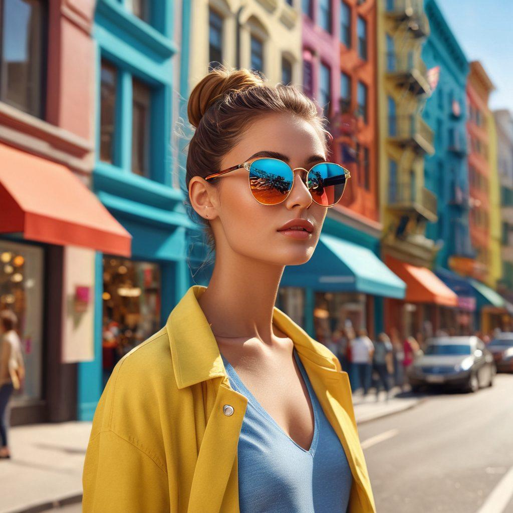 A stylish individual wearing trendy sunglasses, standing on a sunny street showcasing the latest eyewear styles. The background features a bustling urban scene with colorful storefronts and people enjoying the day, emphasizing a fashionable lifestyle. Include eye-catching details like reflections in the sunglasses that display healthy living elements. super-realistic. vibrant colors. 3D.