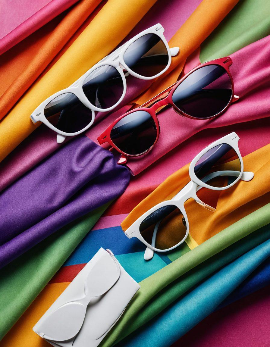 A chic display of various stylish eyewear designs, including sunglasses and reading glasses, laid atop a vibrant fabric backdrop representing a spectrum of colors. Incorporate elements of eye health such as eye drops and a pair of stylish eyes looking through one of the lenses. Make the scene feel lively and fashionable, inviting the audience to explore both style and health. super-realistic. vibrant colors. white background.